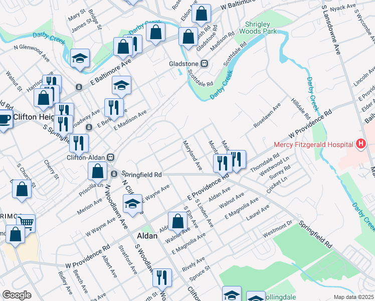 map of restaurants, bars, coffee shops, grocery stores, and more near 518 Maryland Avenue in Aldan