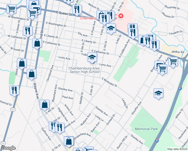 map of restaurants, bars, coffee shops, grocery stores, and more near 511 South 6th Street in Chambersburg