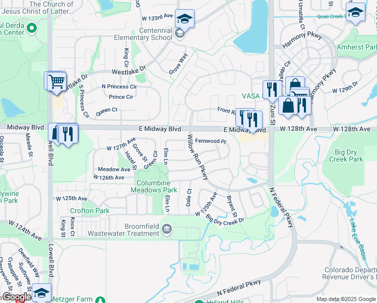 map of restaurants, bars, coffee shops, grocery stores, and more near 2830 Elaine Drive in Broomfield