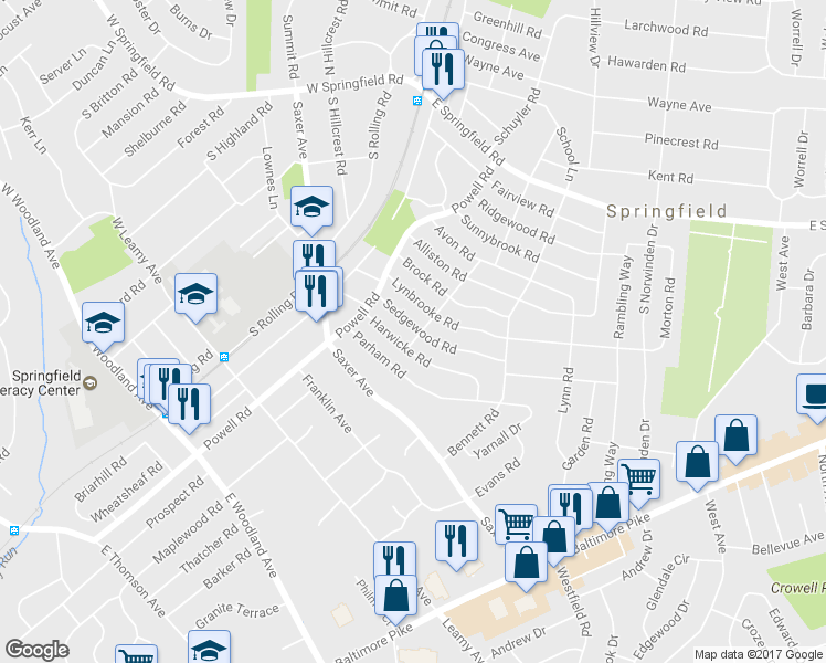 map of restaurants, bars, coffee shops, grocery stores, and more near 242 Sedgewood Road in Springfield
