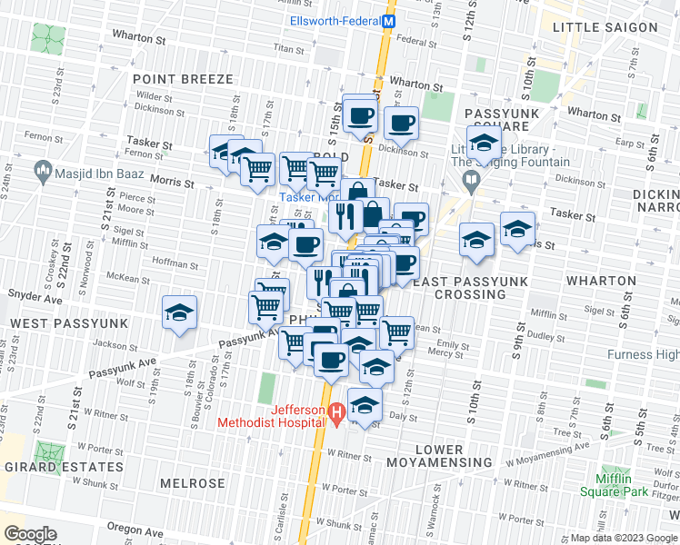 map of restaurants, bars, coffee shops, grocery stores, and more near 1838 South Broad Street in Philadelphia
