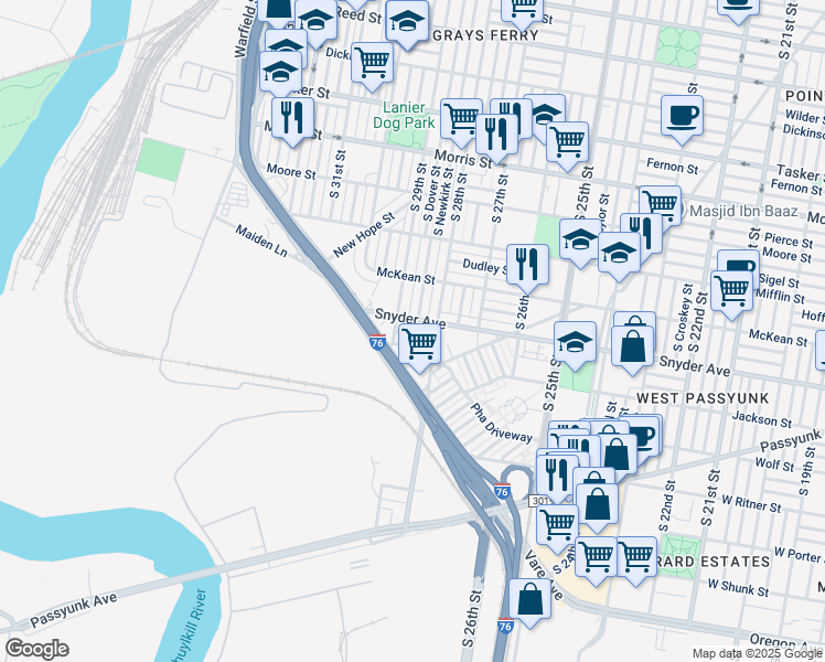 map of restaurants, bars, coffee shops, grocery stores, and more near 2831 Cantrell Street in Philadelphia