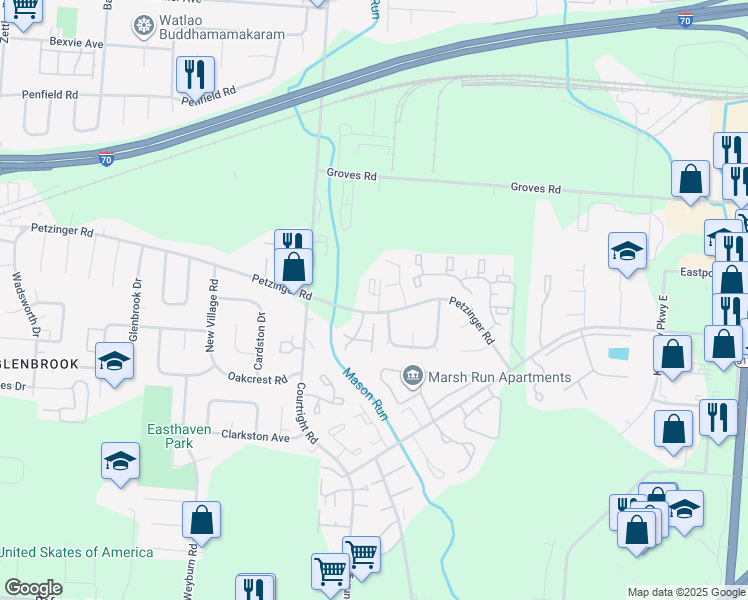 map of restaurants, bars, coffee shops, grocery stores, and more near 2239 Courtside Drive in Columbus