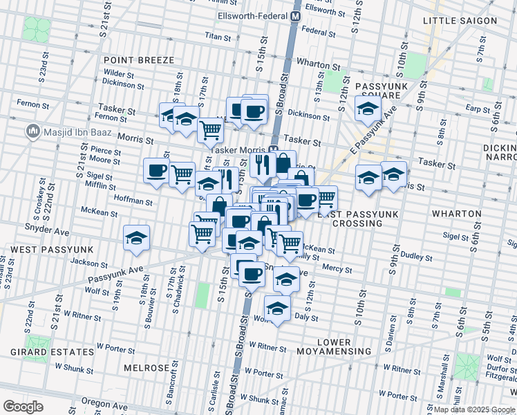 map of restaurants, bars, coffee shops, grocery stores, and more near 1838 South Broad Street in Philadelphia