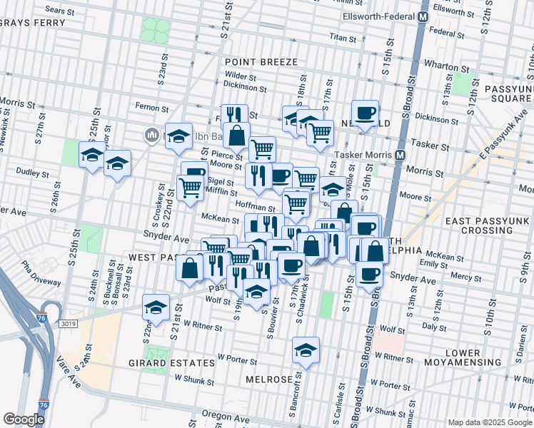 map of restaurants, bars, coffee shops, grocery stores, and more near 1829 Dudley Street in Philadelphia
