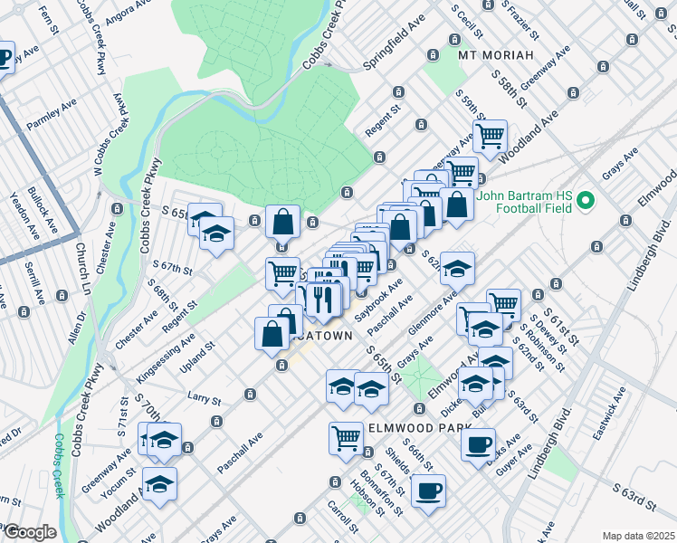 map of restaurants, bars, coffee shops, grocery stores, and more near 2112 South 64th Street in Philadelphia