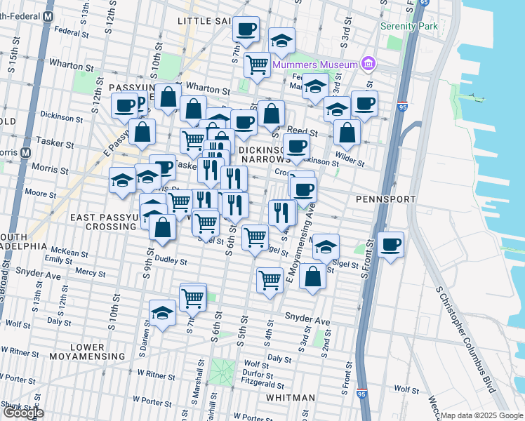 map of restaurants, bars, coffee shops, grocery stores, and more near 1709 S 5th St in Philadelphia
