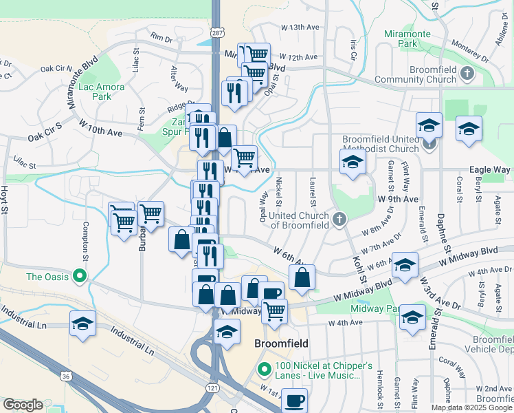 map of restaurants, bars, coffee shops, grocery stores, and more near 670 Poppy Way in Broomfield