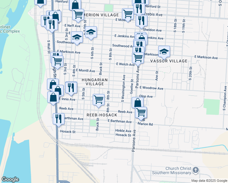 map of restaurants, bars, coffee shops, grocery stores, and more near 299 East Woodrow Avenue in Columbus