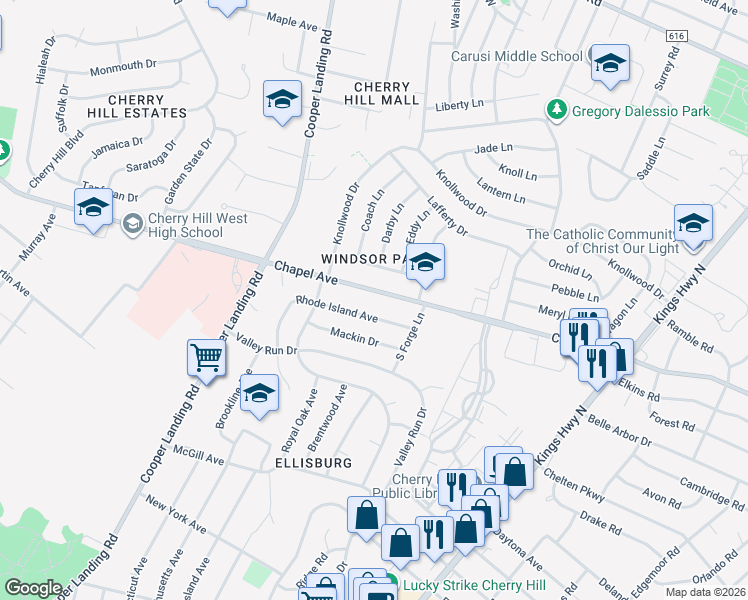 map of restaurants, bars, coffee shops, grocery stores, and more near 2815 Chapel Ave W in Cherry Hill