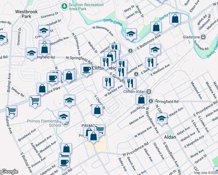 map of restaurants, bars, coffee shops, grocery stores, and more near 62 West Broadway Avenue in Clifton Heights