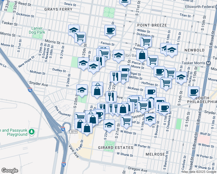 map of restaurants, bars, coffee shops, grocery stores, and more near 2010 S Croskey St in Philadelphia