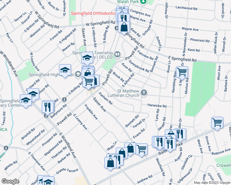 map of restaurants, bars, coffee shops, grocery stores, and more near 242 Sedgewood Road in Springfield