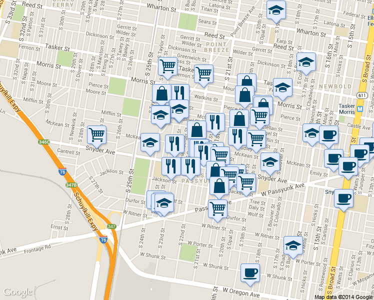 map of restaurants, bars, coffee shops, grocery stores, and more near 2010 S Croskey St in Philadelphia