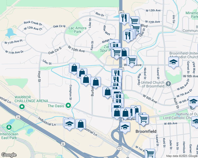 map of restaurants, bars, coffee shops, grocery stores, and more near 2095 West 6th Avenue in Broomfield