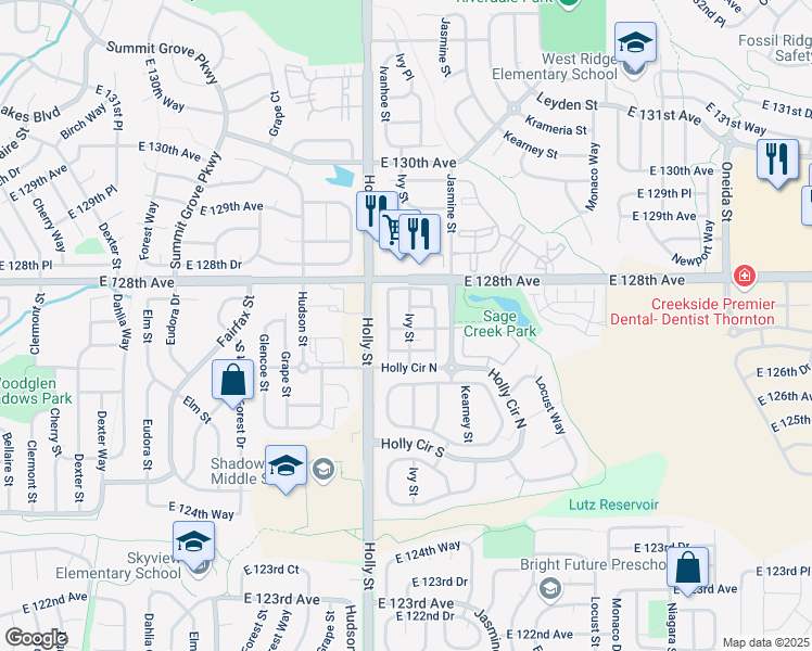 map of restaurants, bars, coffee shops, grocery stores, and more near 12769 Ivy Street in Thornton