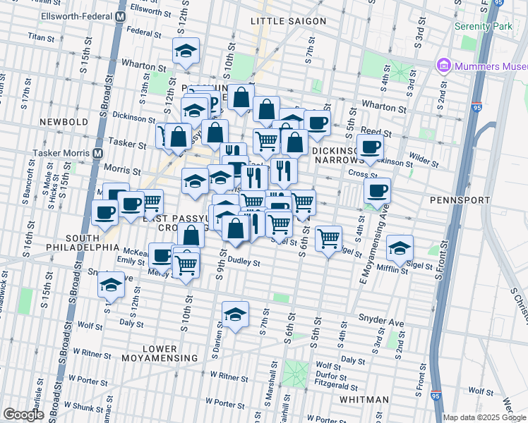 map of restaurants, bars, coffee shops, grocery stores, and more near 732 Pierce Street in Philadelphia