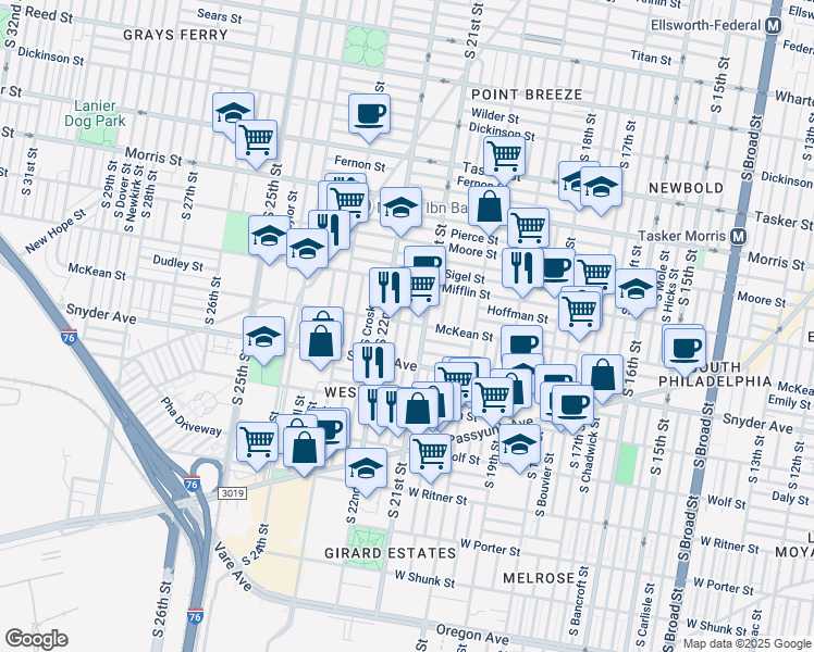 map of restaurants, bars, coffee shops, grocery stores, and more near 2000 South Norwood Street in Philadelphia