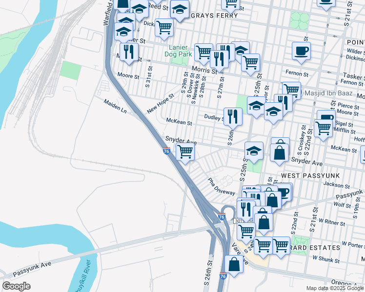 map of restaurants, bars, coffee shops, grocery stores, and more near 2831 Cantrell Street in Philadelphia