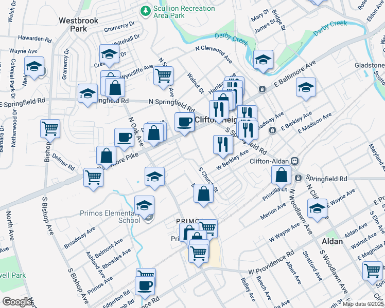 map of restaurants, bars, coffee shops, grocery stores, and more near 116 West Washington Avenue in Clifton Heights