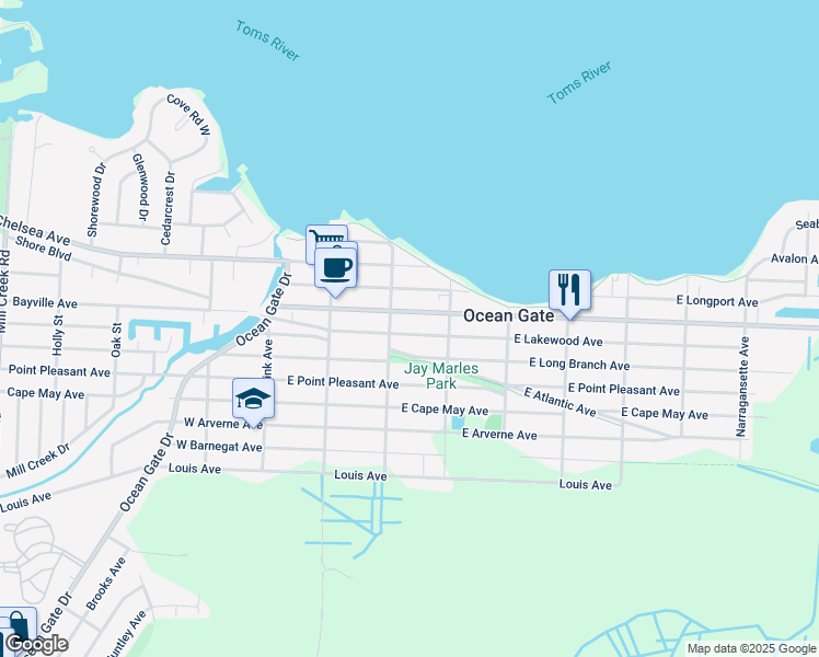 map of restaurants, bars, coffee shops, grocery stores, and more near 121 East Lakewood Avenue in Ocean Gate