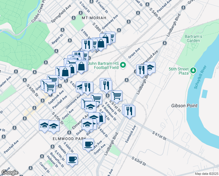 map of restaurants, bars, coffee shops, grocery stores, and more near 2435 South Millick Street in Philadelphia