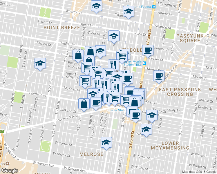 map of restaurants, bars, coffee shops, grocery stores, and more near 1913 South 17th Street in Philadelphia