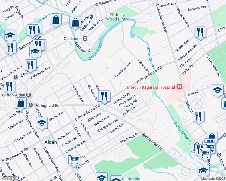 map of restaurants, bars, coffee shops, grocery stores, and more near 6 Arbor Lea Road in Lansdowne