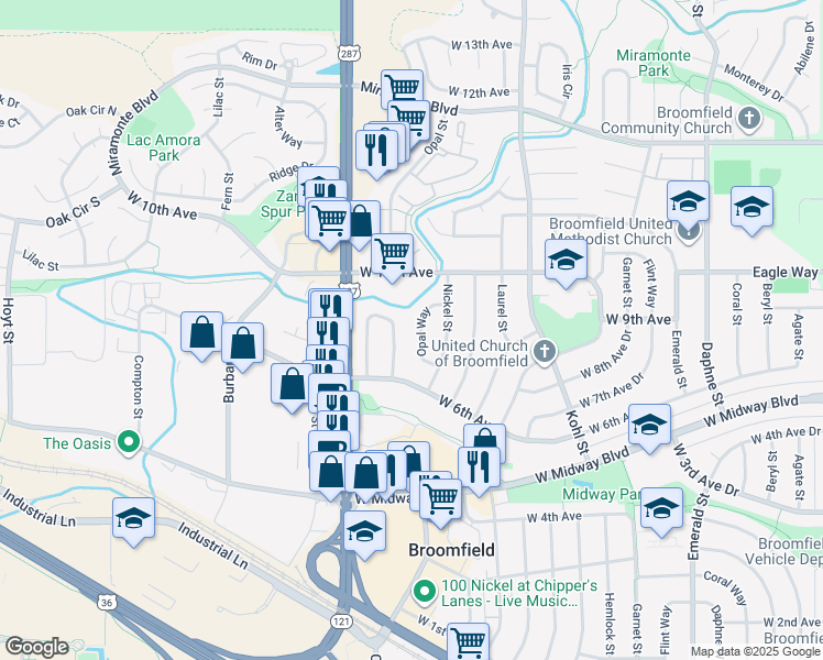 map of restaurants, bars, coffee shops, grocery stores, and more near 670 Poppy Way in Broomfield