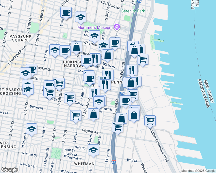 map of restaurants, bars, coffee shops, grocery stores, and more near 140 Fernon Street in Philadelphia