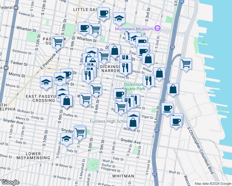 map of restaurants, bars, coffee shops, grocery stores, and more near 408 Morris Street in Philadelphia