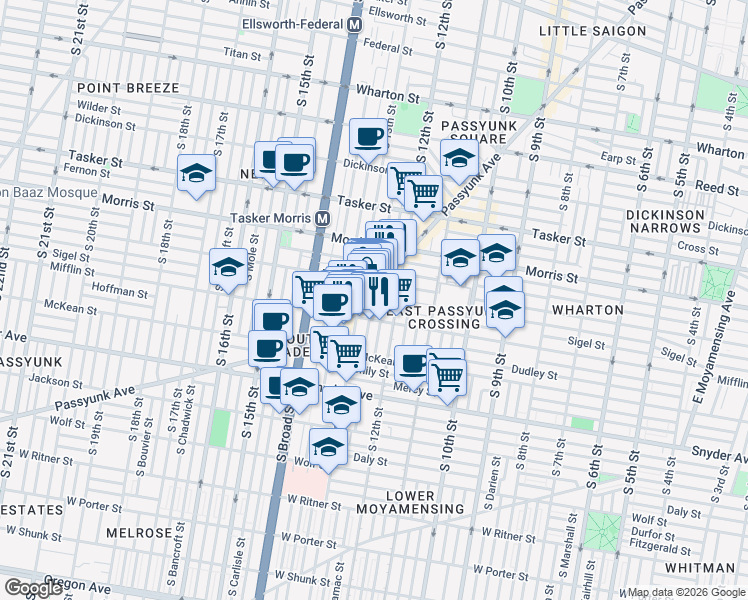map of restaurants, bars, coffee shops, grocery stores, and more near 1831 East Passyunk Avenue in Philadelphia