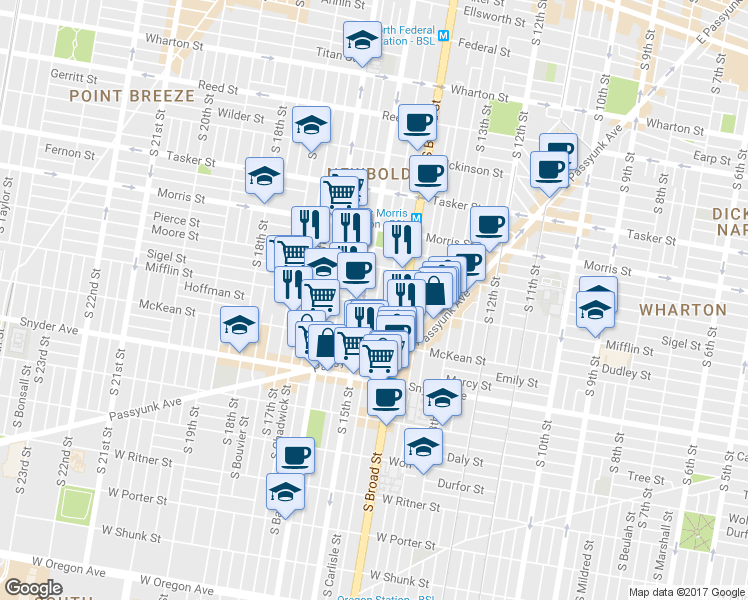 map of restaurants, bars, coffee shops, grocery stores, and more near 1900 South 15th Street in Philadelphia