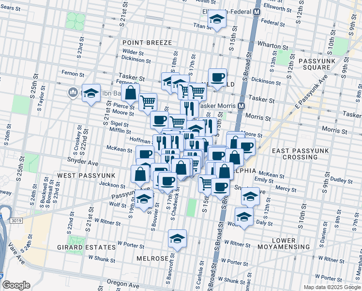 map of restaurants, bars, coffee shops, grocery stores, and more near 1913 South 17th Street in Philadelphia
