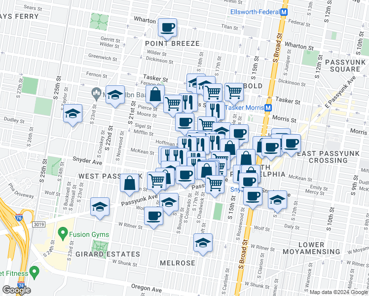 map of restaurants, bars, coffee shops, grocery stores, and more near 1925 South 18th Street in Philadelphia