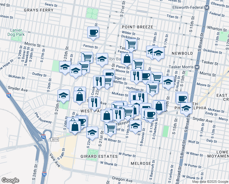 map of restaurants, bars, coffee shops, grocery stores, and more near 2027 McKean Street in Philadelphia