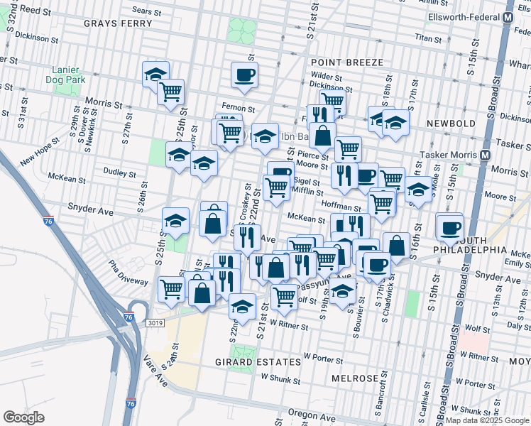 map of restaurants, bars, coffee shops, grocery stores, and more near 2001 South Beechwood Street in Philadelphia