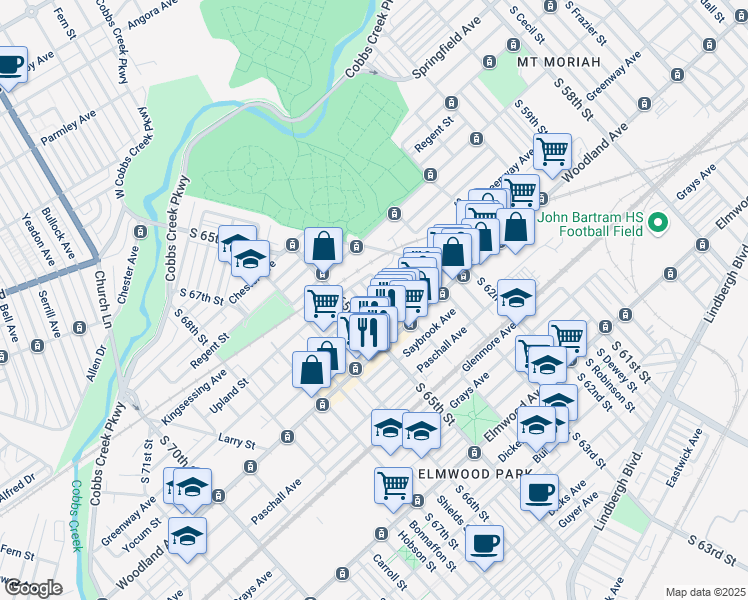 map of restaurants, bars, coffee shops, grocery stores, and more near 2120 South 64th Street in Philadelphia