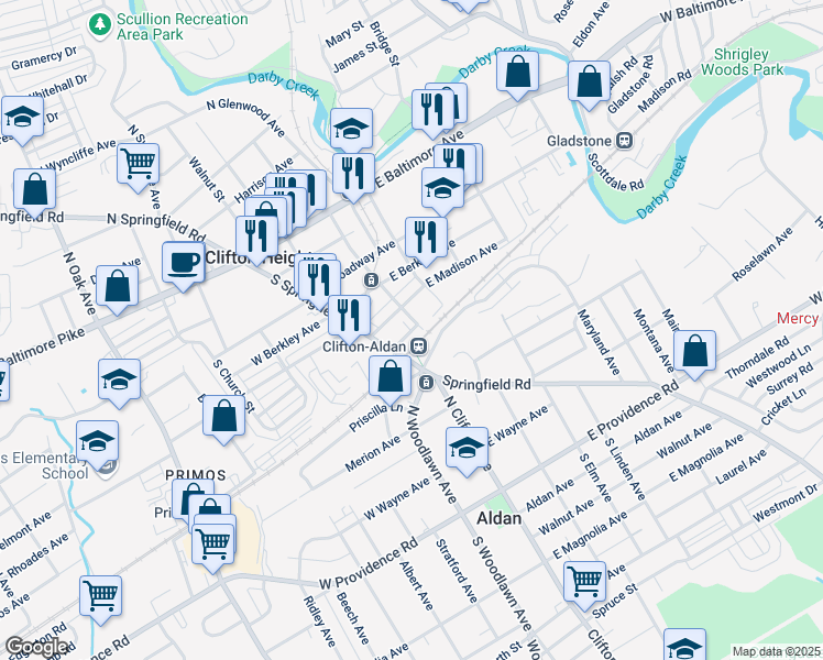 map of restaurants, bars, coffee shops, grocery stores, and more near 1 Jefferson Street in Clifton Heights