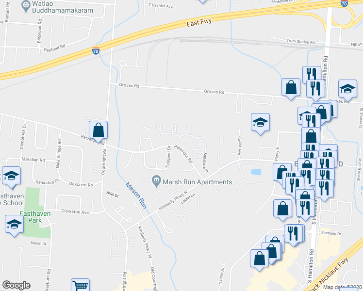 map of restaurants, bars, coffee shops, grocery stores, and more near 3814 Soft Wind Drive in Columbus