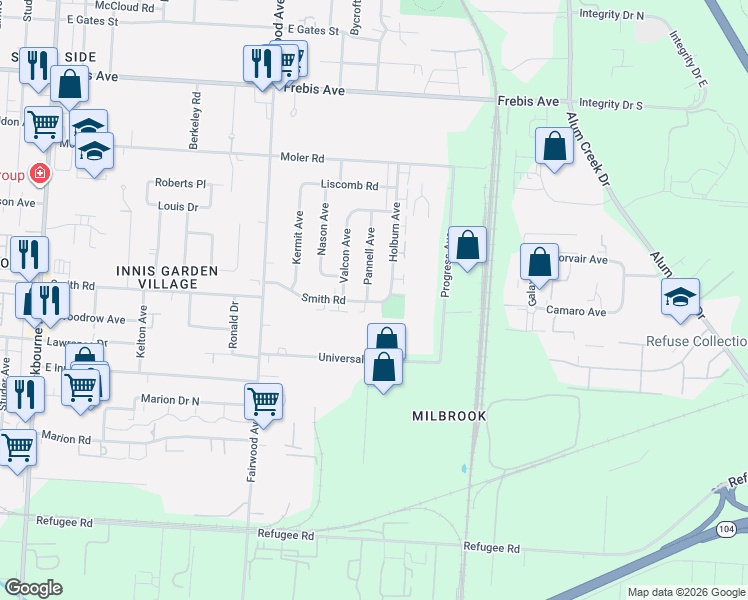 map of restaurants, bars, coffee shops, grocery stores, and more near 1696 Smith Road in Columbus