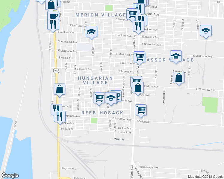 map of restaurants, bars, coffee shops, grocery stores, and more near 299 East Woodrow Avenue in Columbus