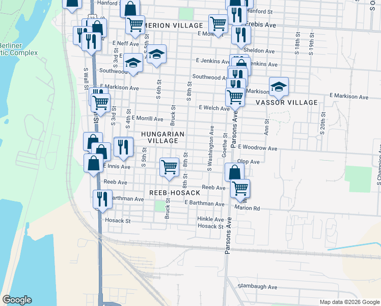 map of restaurants, bars, coffee shops, grocery stores, and more near 299 East Woodrow Avenue in Columbus