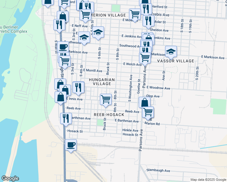 map of restaurants, bars, coffee shops, grocery stores, and more near 1744 Bruck Street in Columbus