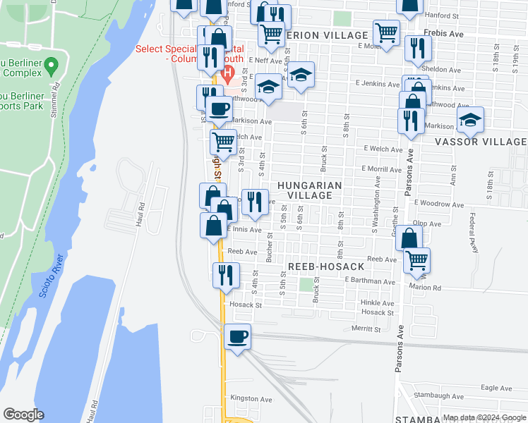 map of restaurants, bars, coffee shops, grocery stores, and more near 1725 South 4th Street in Columbus