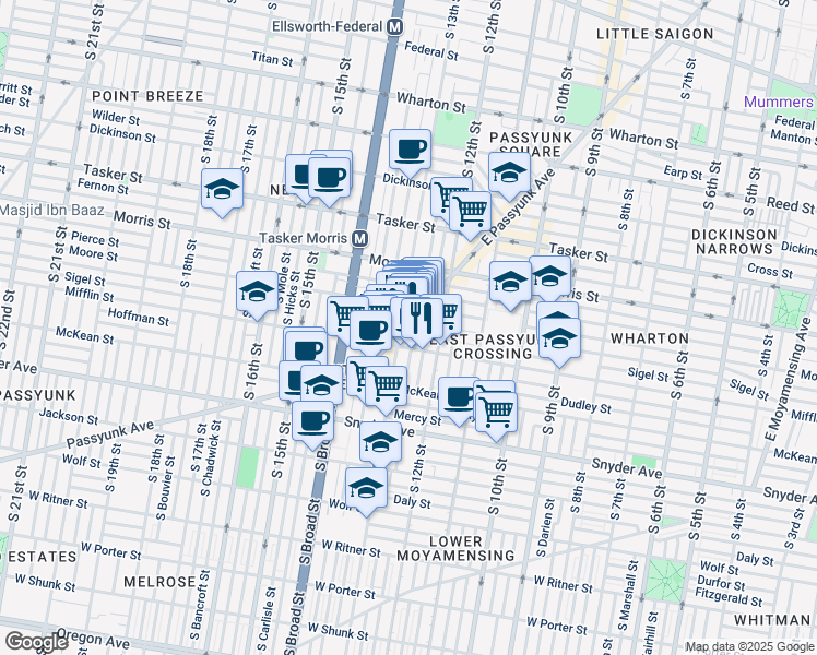 map of restaurants, bars, coffee shops, grocery stores, and more near 1831 E Passyunk Ave in Philadelphia