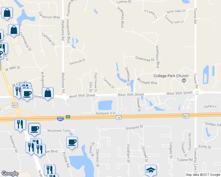 map of restaurants, bars, coffee shops, grocery stores, and more near 3135 Fairway Drive in Carmel