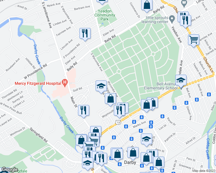 map of restaurants, bars, coffee shops, grocery stores, and more near 1355 Edgehill Road in Darby