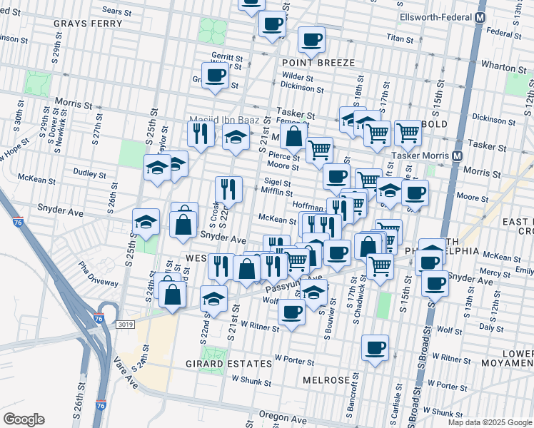 map of restaurants, bars, coffee shops, grocery stores, and more near 2027 McKean Street in Philadelphia