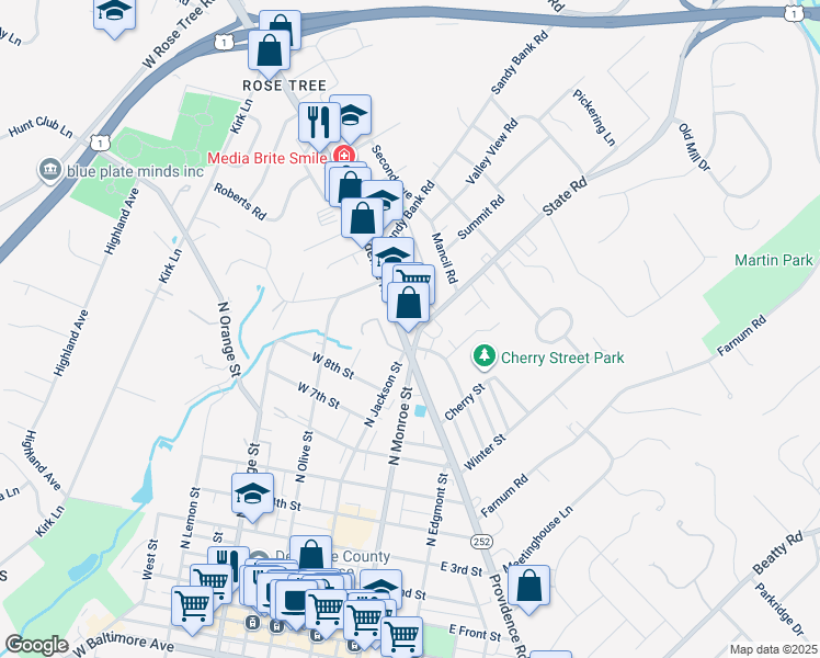 map of restaurants, bars, coffee shops, grocery stores, and more near 807 North Providence Road in Media